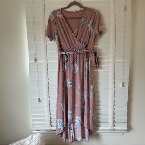 Pinkblush Maternity Dress Midi Pink Floral Faux Wrap Short Sleeve Large